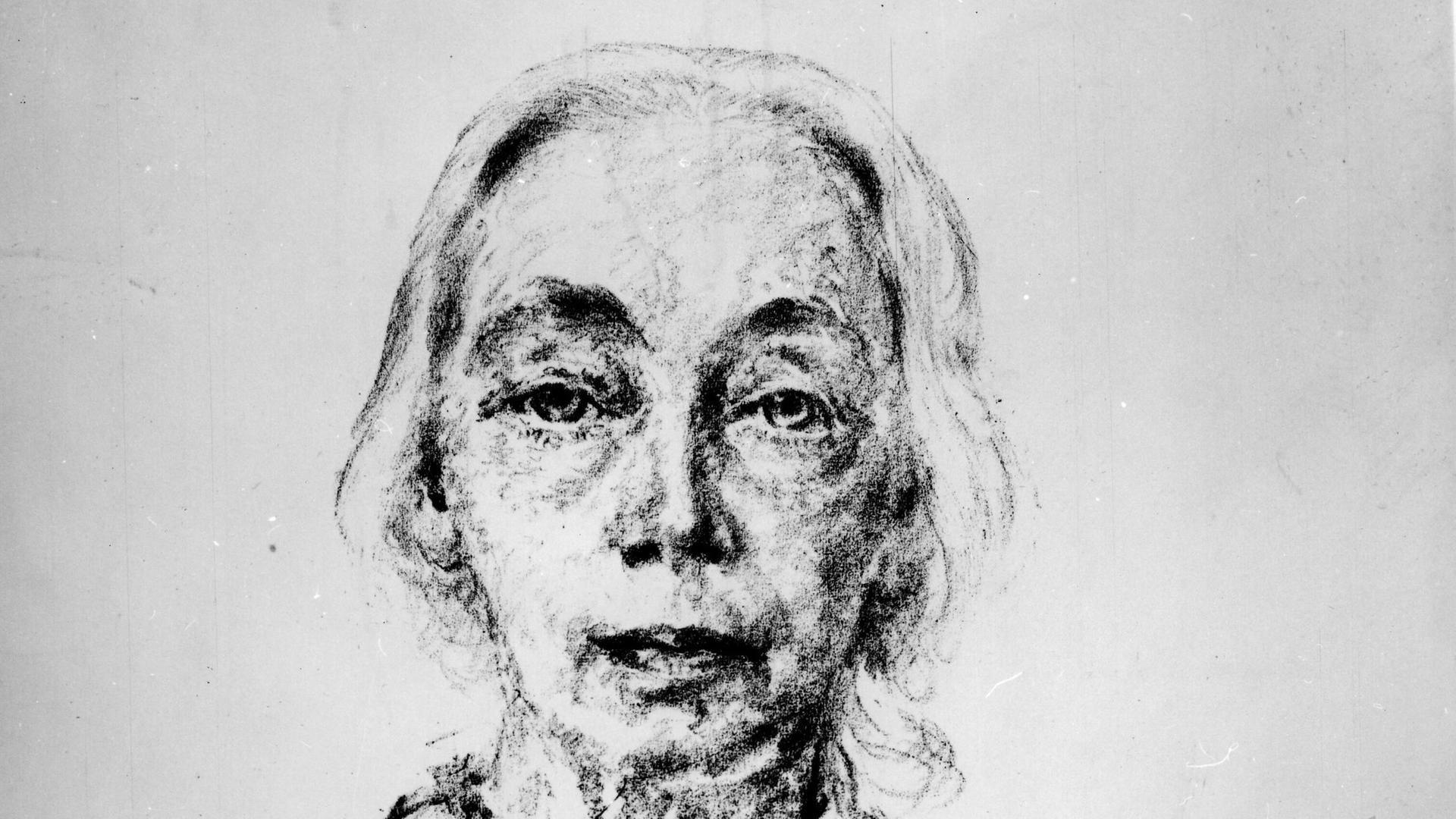 Eine schwarz-graue Porträtzeichnung von Emil Stumpp zeigt die Künstlerin Käthe Kollwitz mit verschränkten Armen