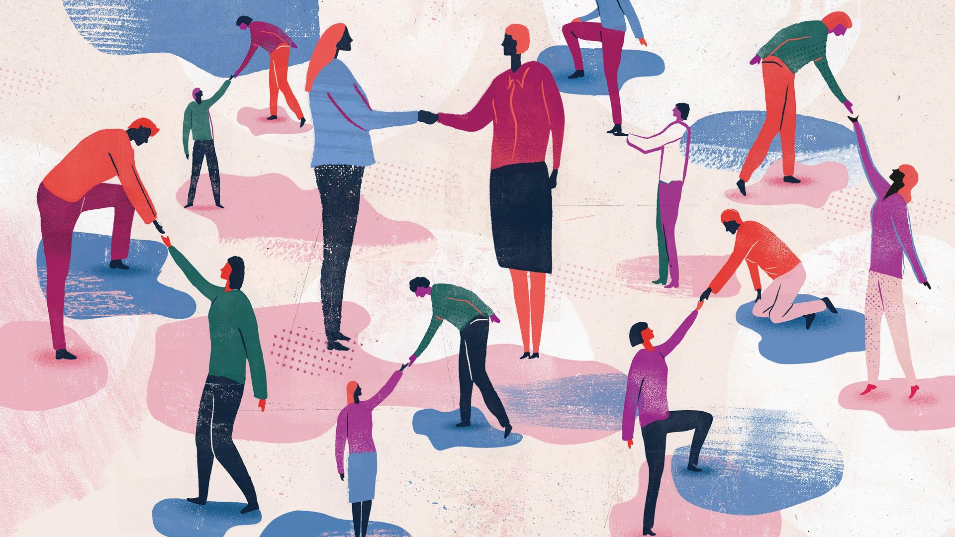 Illustration: Viele Menschen auf unterschiedlichen Ebenen reichen sich die Hände. Illustration: Viele Menschen auf unterschiedlichen Ebenen reichen sich die Hände.
