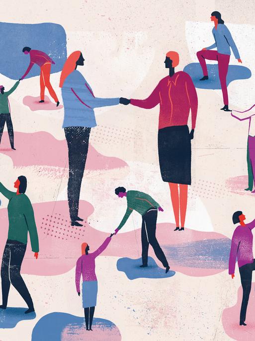 Illustration: Viele Menschen auf unterschiedlichen Ebenen reichen sich die Hände.