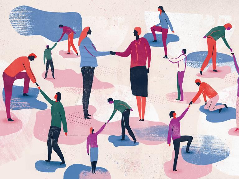Illustration: Viele Menschen auf unterschiedlichen Ebenen reichen sich die Hände.