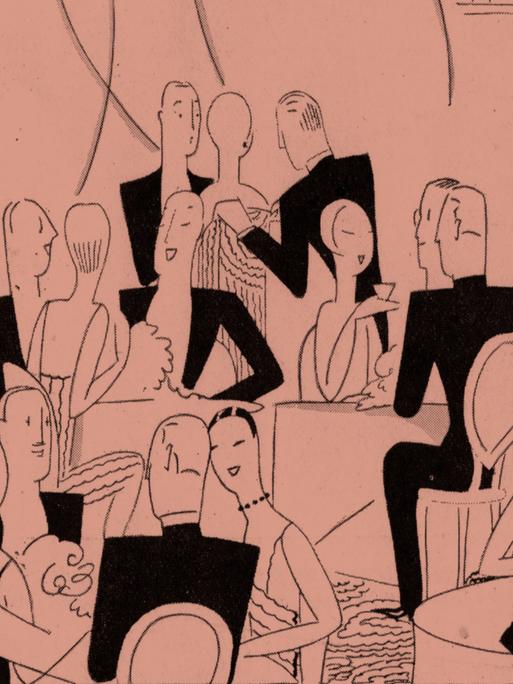 Illustration einer Hotelsituation in schwarz auf rötlichem Hintergrund. Illustration einer Hotelsituation in schwarz auf rötlichem Hintergrund.