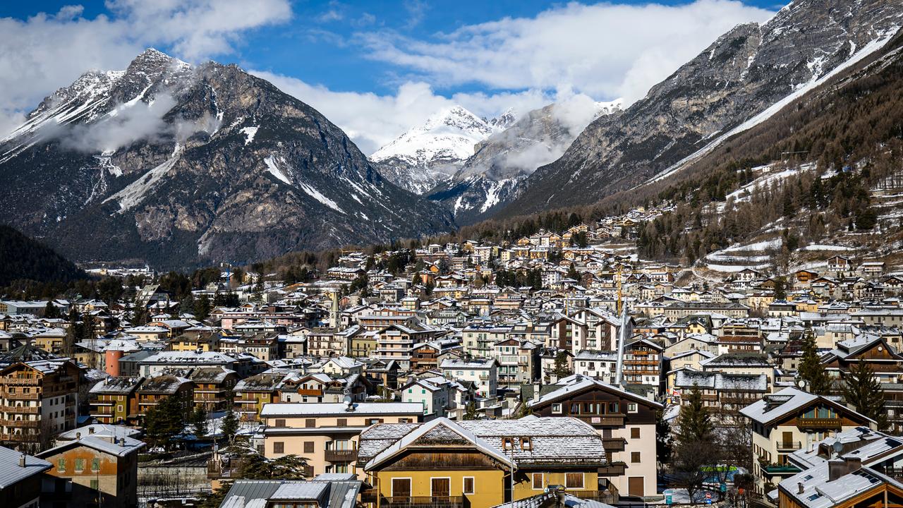 Ansicht von Bormio und dem Tal aus Sicht des Stelvio Ski Zentrums während der Olmpischen Winterspiele 2026 in Italien am 5.2.2026.
