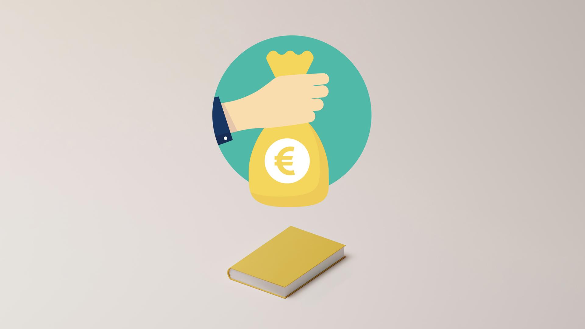Illustration einer Hand, die einen Geldsack mit einem Euro Symbo über ein Buch hält. Der Geldsack und das Buch sind gelb, der Hintergrund grau.