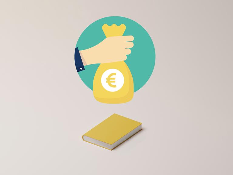 Illustration einer Hand, die einen Geldsack mit einem Euro Symbo über ein Buch hält. Der Geldsack und das Buch sind gelb, der Hintergrund grau.