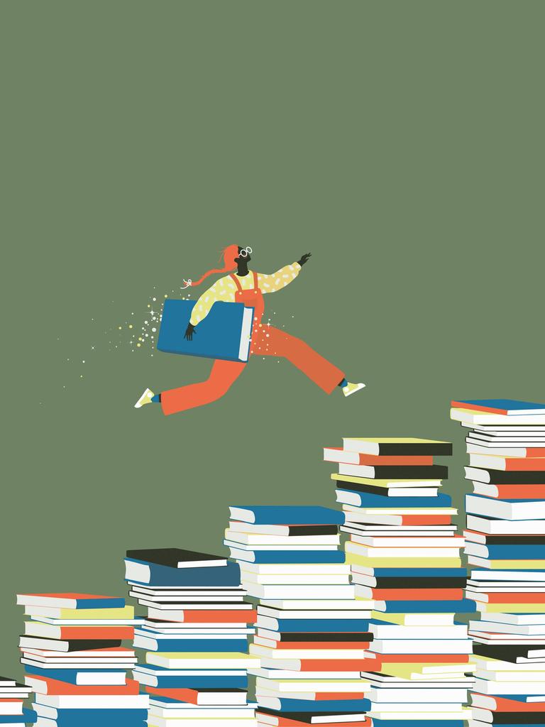 Zeichnung einer Teenagerin, die mit einem Buch unter dem Arm eine Buchtreppe hinauf rennt. 