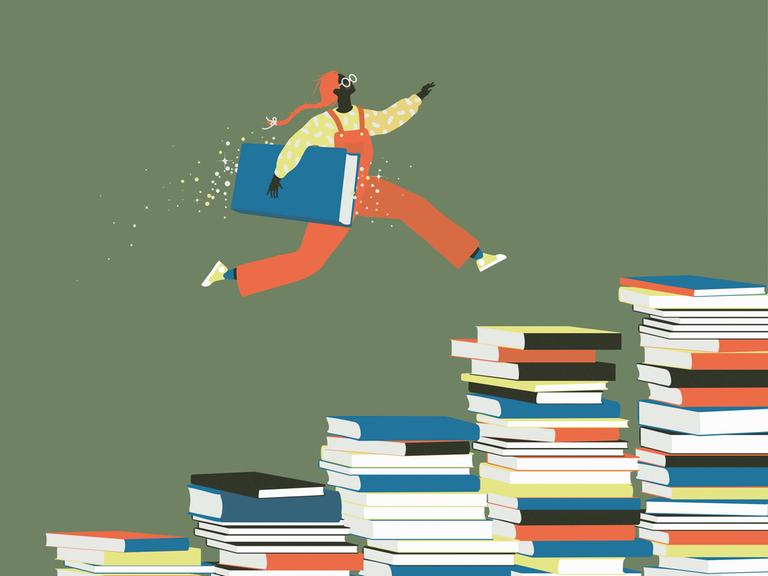 Zeichnung einer Teenagerin, die mit einem Buch unter dem Arm eine Buchtreppe hinauf rennt. 