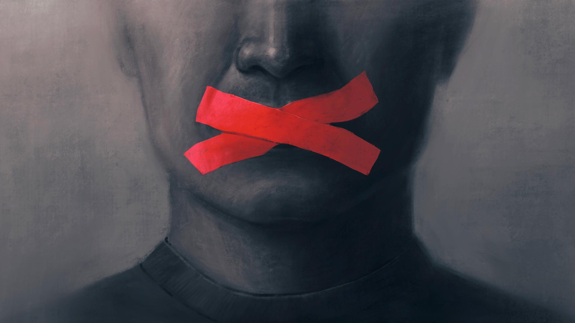 Illustration einer Person, der mit zwei roten Klebestreifen der Mund zugeklebt wurde.