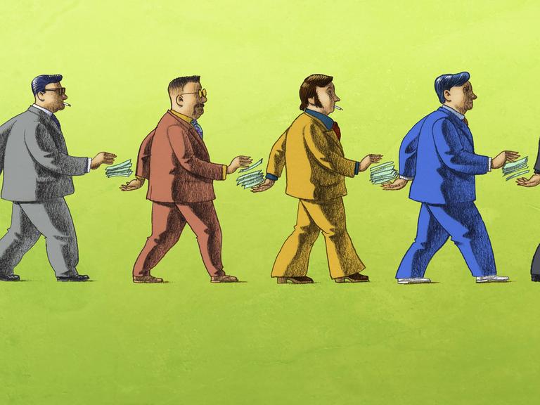 Illustration: Geld wechselt die Hände von korrupten Geschäftsleuten.