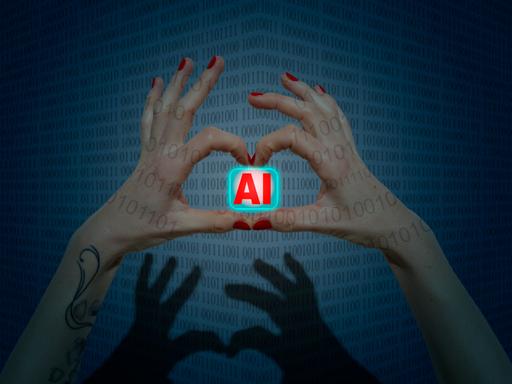 Zwei Hände mit rot lackierten Finger bilden eine Herzform in der sie ein Symbol mit dem Schriftzug AI (Artificial Intelligence) halten.