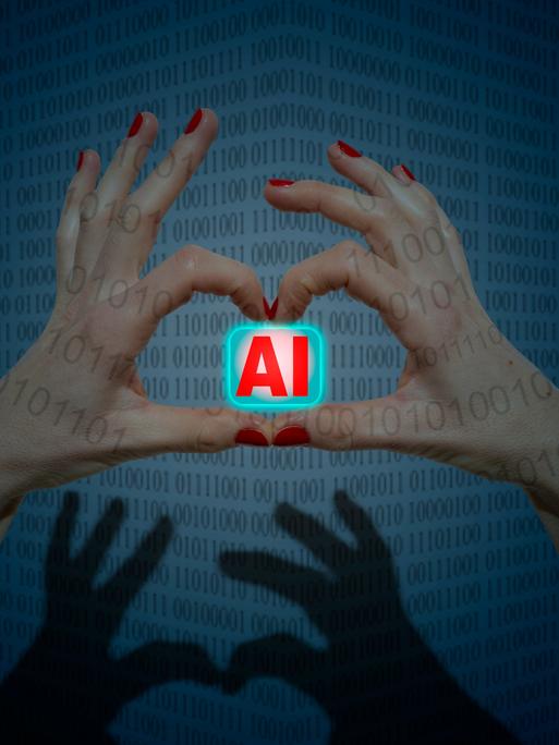 Zwei Hände mit rot lackierten Finger bilden eine Herzform in der sie ein Symbol mit dem Schriftzug AI (Artificial Intelligence) halten.