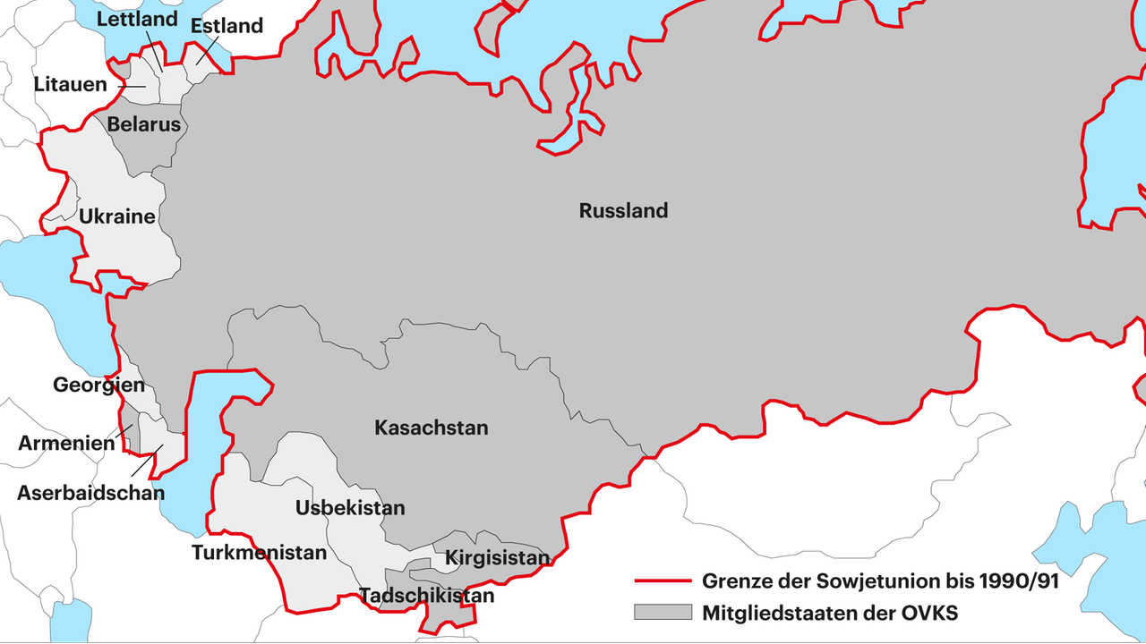 Karte zeigt die Grenze der Sowjetunion bis 1990/91 und die Staaten, die heute zum OVKS gehören