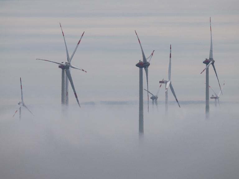 Windräder ragen aus einer dichten Nebelwand heraus.