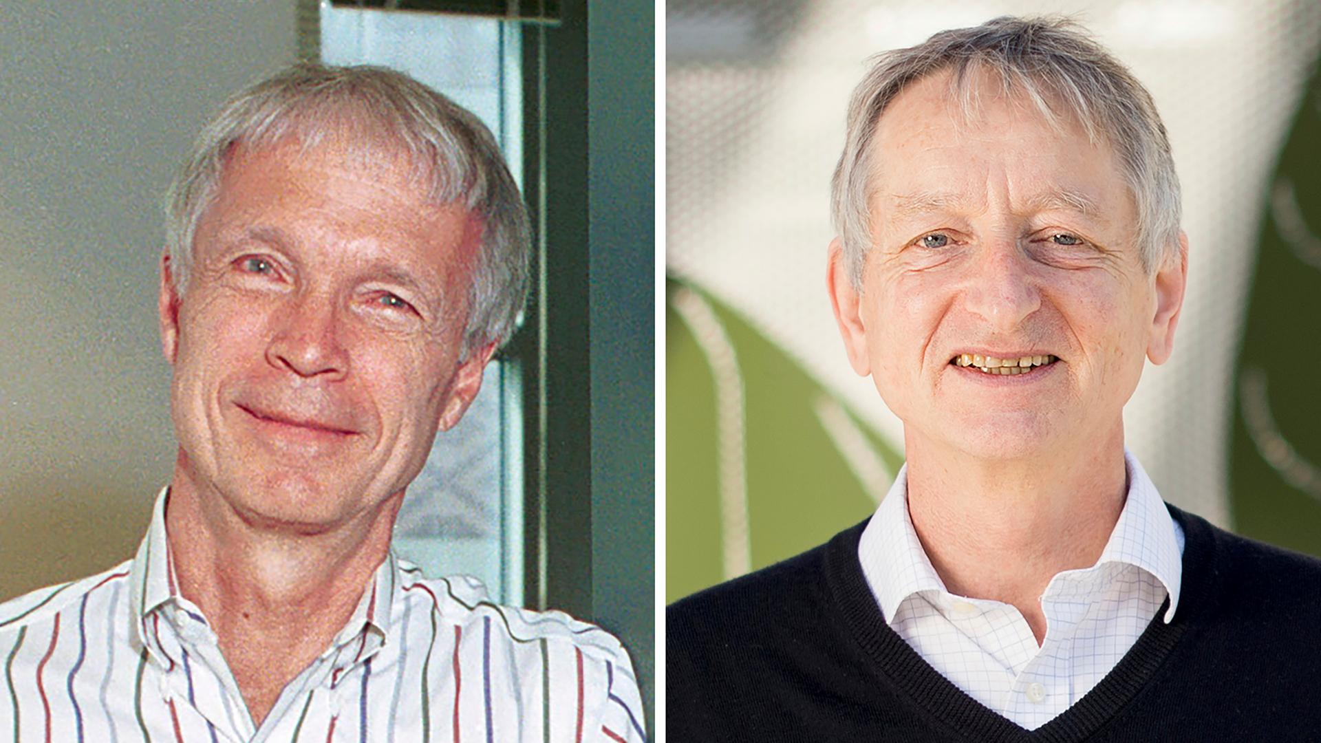 Zwei Porträtfotos von John Hopfield (links) und Geoffrey Hinton