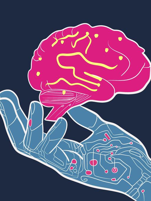 Illustration: Eine lebendige Illustration, die eine Roboterhand zeigt, die ein menschliches Gehirn hält und die Synergie zwischen Technologie und menschlicher Intelligenz symbolisiert. 