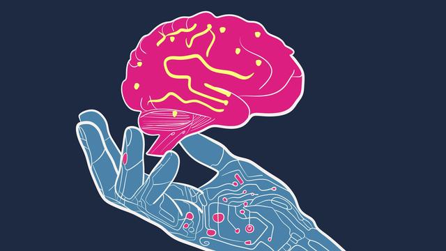 Illustration: Eine lebendige Illustration, die eine Roboterhand zeigt, die ein menschliches Gehirn hält und die Synergie zwischen Technologie und menschlicher Intelligenz symbolisiert. 
