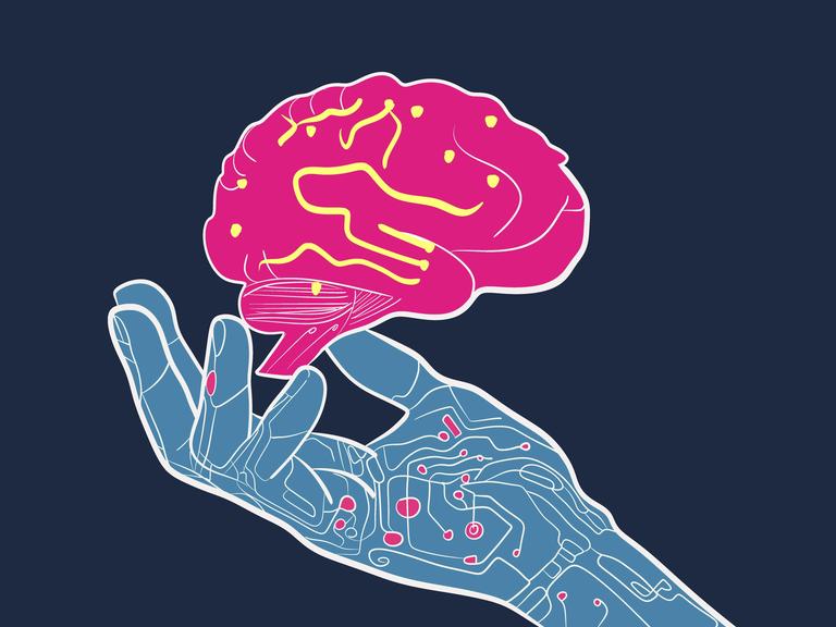 Illustration: Eine lebendige Illustration, die eine Roboterhand zeigt, die ein menschliches Gehirn hält und die Synergie zwischen Technologie und menschlicher Intelligenz symbolisiert. 