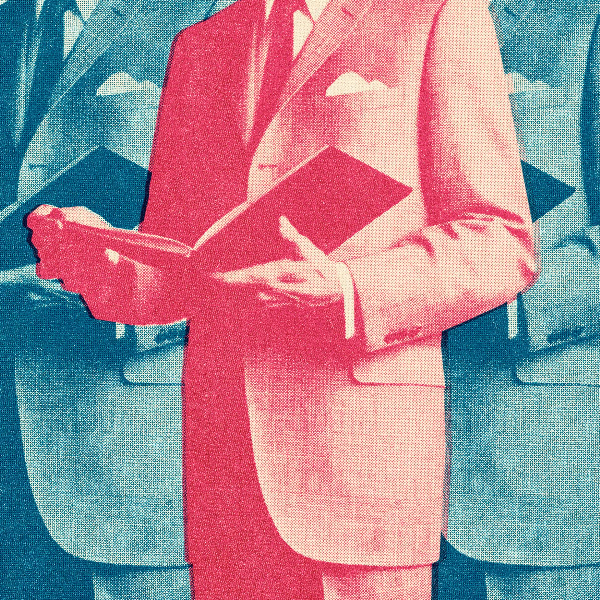 Illustration von drei identischen Männern in jeweisl blauen oder roten Anzügen, mit einem aufgeklapptem Buch in den Händen.