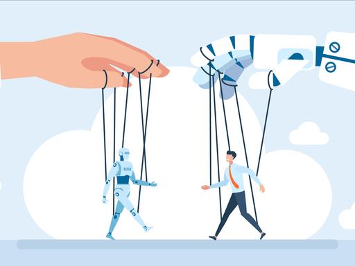 Illustration zweier Handmarionetten: eine menschliche Hand hält eine Robotermarionette und eine Roboterhand hält eine menschliche Marionette