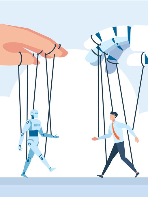Illustration zweier Handmarionetten: eine menschliche Hand hält eine Robotermarionette und eine Roboterhand hält eine menschliche Marionette Illustration zweier Handmarionetten: eine menschliche Hand hält eine Robotermarionette und eine Roboterhand hält eine menschliche Marionette