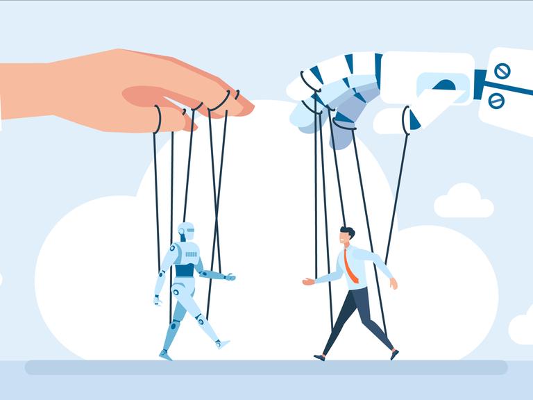 Illustration zweier Handmarionetten: eine menschliche Hand hält eine Robotermarionette und eine Roboterhand hält eine menschliche Marionette Illustration zweier Handmarionetten: eine menschliche Hand hält eine Robotermarionette und eine Roboterhand hält eine menschliche Marionette