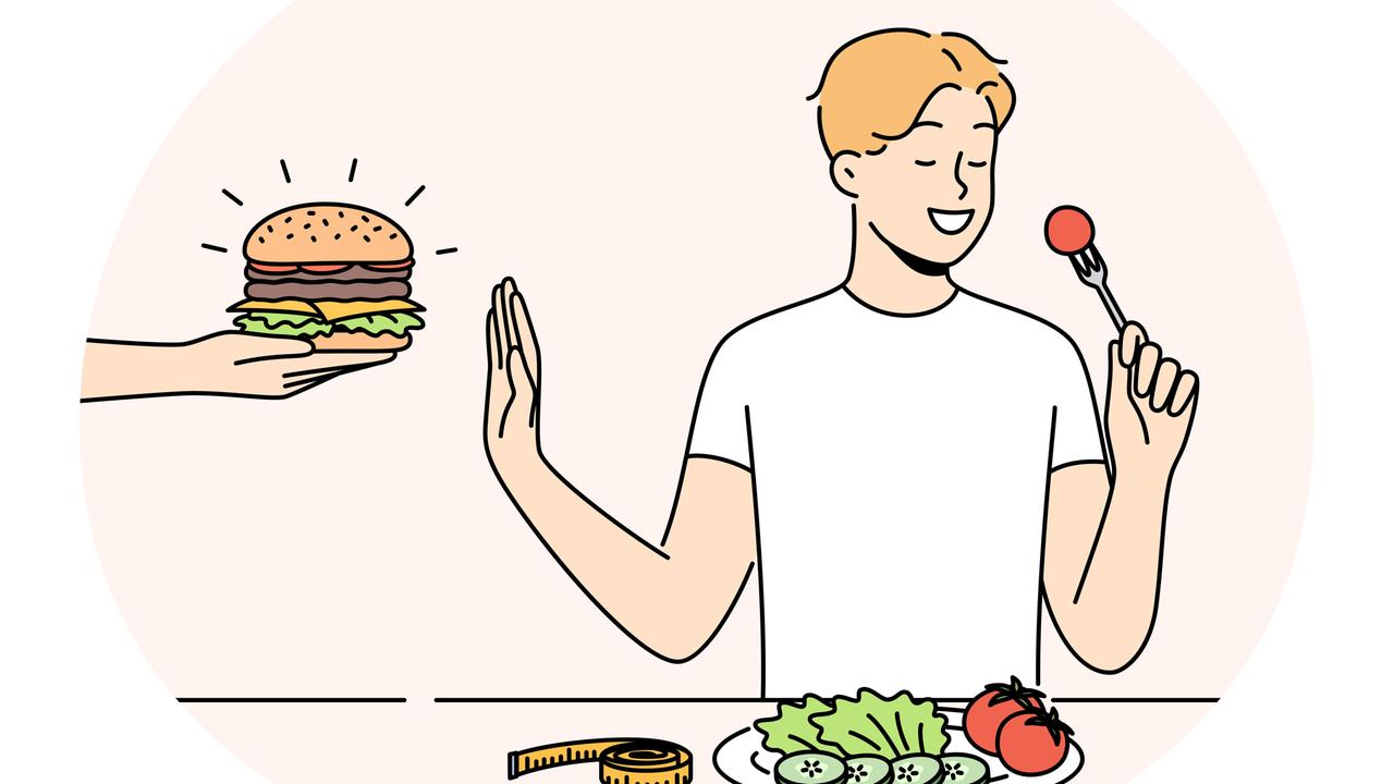 Die Grafik zeigt einen Mann an einem Tisch, der einen Burger ablehnt und stattdessen gesundes Essen verzehrt. Die Grafik zeigt einen Mann an einem Tisch, der einen Burger ablehnt und stattdessen gesundes Essen verzehrt.