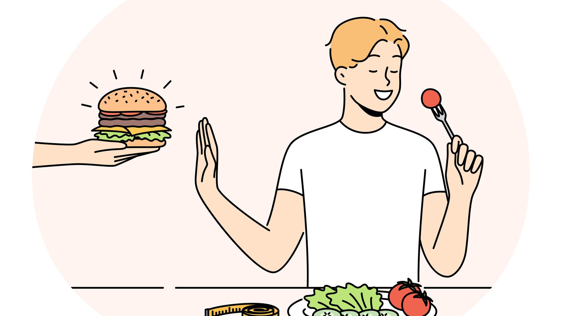 Die Grafik zeigt einen Mann an einem Tisch, der einen Burger ablehnt und stattdessen gesundes Essen verzehrt. 
