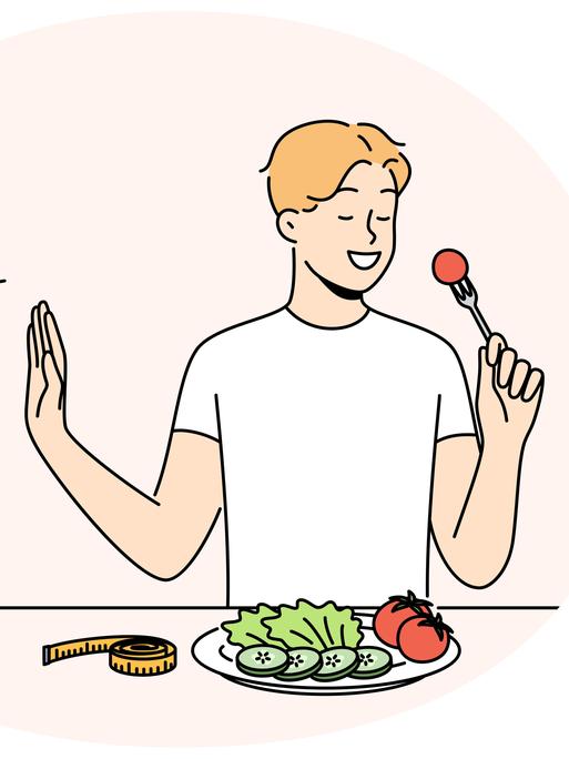Die Grafik zeigt einen Mann an einem Tisch, der einen Burger ablehnt und stattdessen gesundes Essen verzehrt. Die Grafik zeigt einen Mann an einem Tisch, der einen Burger ablehnt und stattdessen gesundes Essen verzehrt.