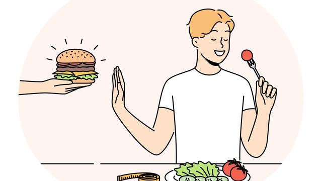 Die Grafik zeigt einen Mann an einem Tisch, der einen Burger ablehnt und stattdessen gesundes Essen verzehrt. Die Grafik zeigt einen Mann an einem Tisch, der einen Burger ablehnt und stattdessen gesundes Essen verzehrt.