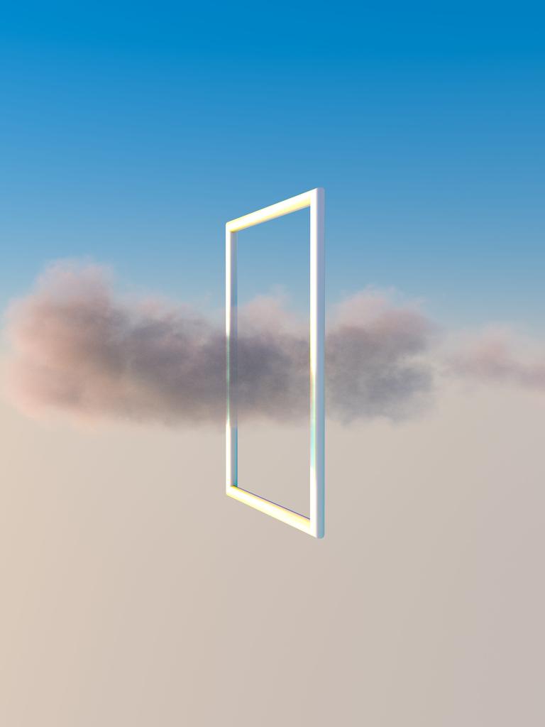 Illustration: Eine Wolke fliegt im Himmel duch einen fensterartigen quadratischen Rahmen.