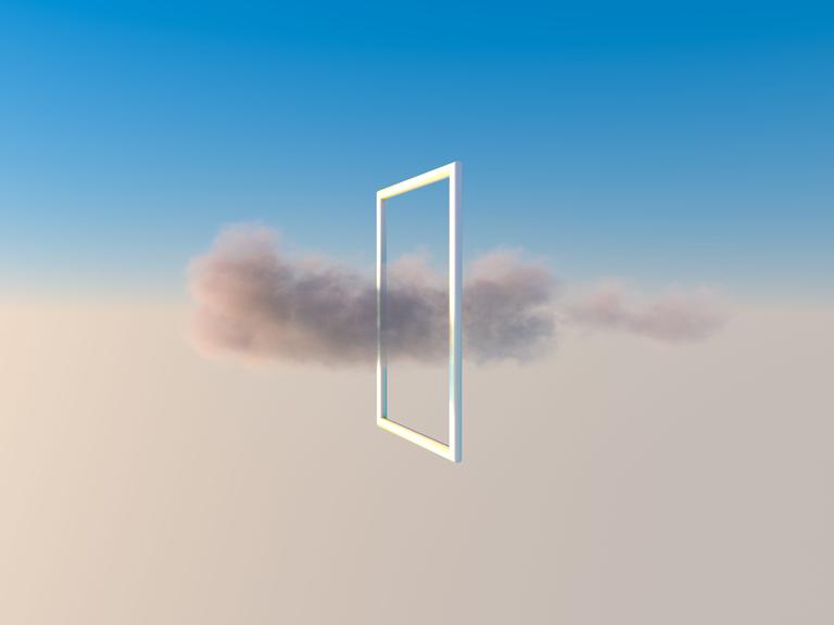 Illustration: Eine Wolke fliegt im Himmel duch einen fensterartigen quadratischen Rahmen.