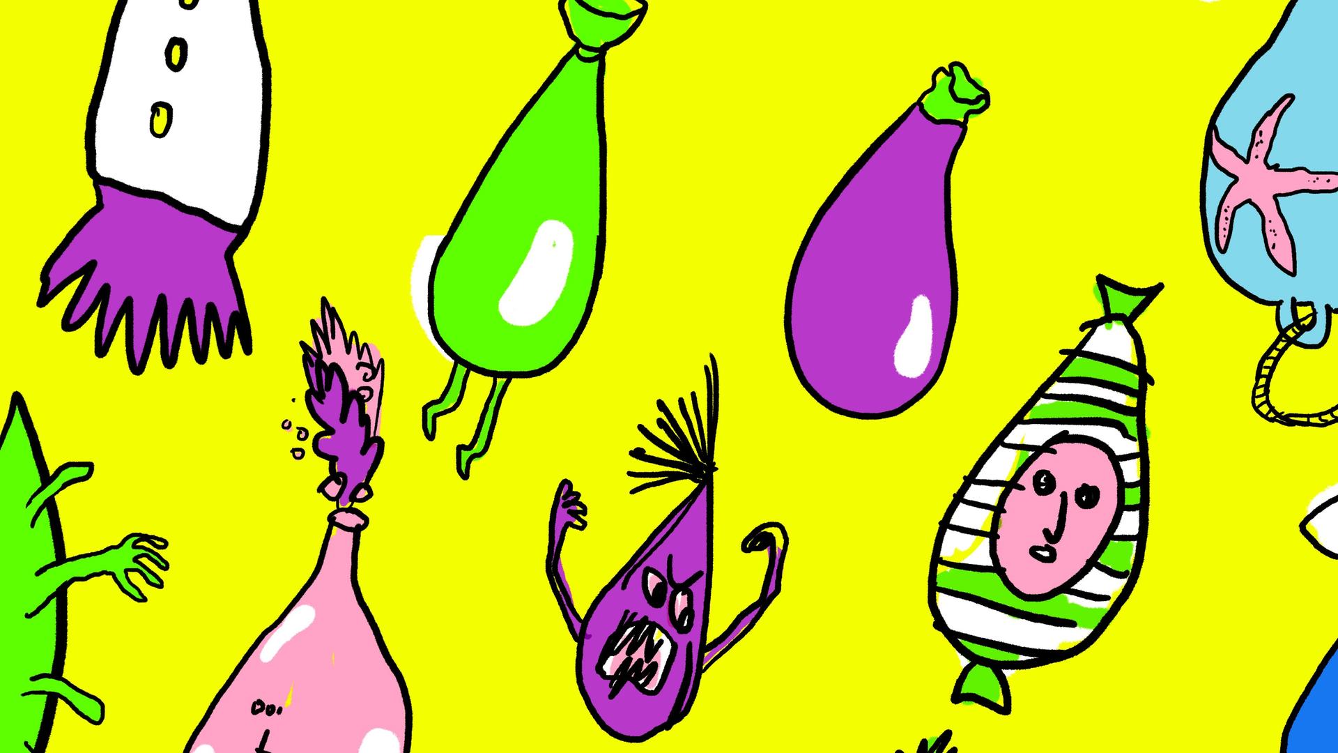 Illustration bunter doku drops vor gelbem Hintergrund. Illustration bunter doku drops vor gelbem Hintergrund.