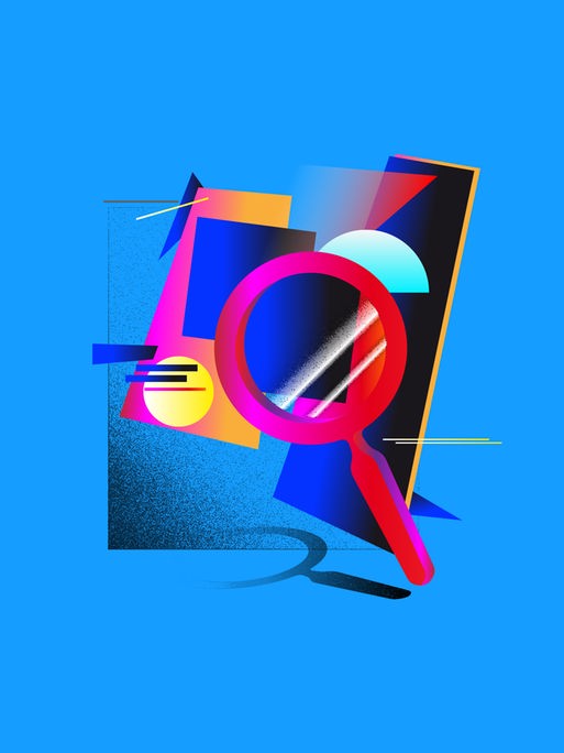 Eine Lupe und schemenhaft dargestellte Gemälde