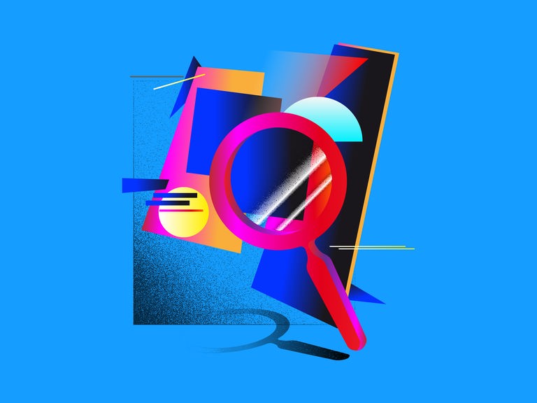 Eine Lupe und schemenhaft dargestellte Gemälde