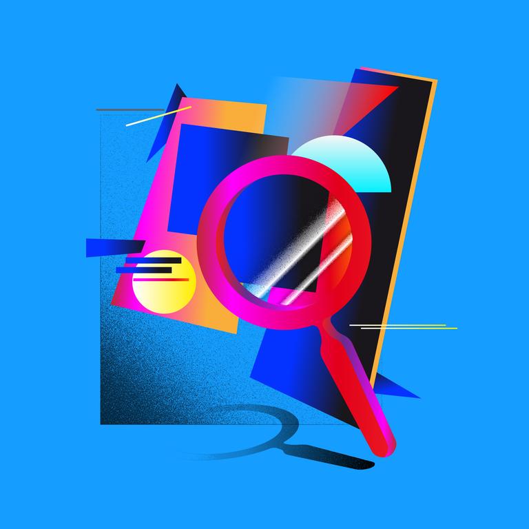 Eine Lupe und schemenhaft dargestellte Gemälde