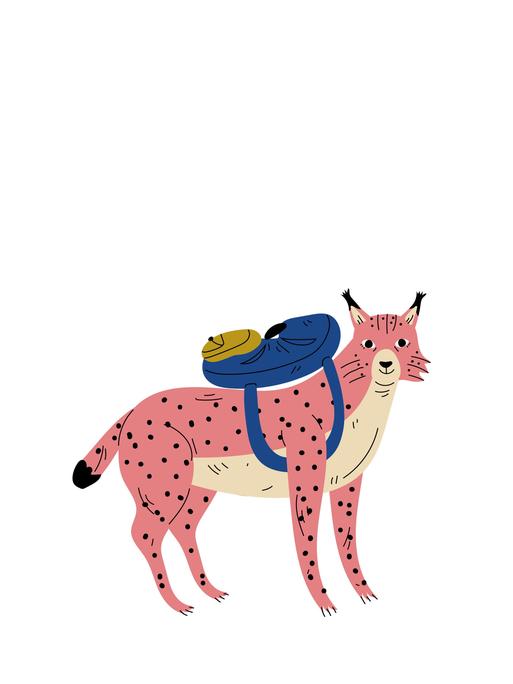 Illustration: Ein rosa Leopard mit einem Rucksack auf dem Rücken auf Wanderschaft.