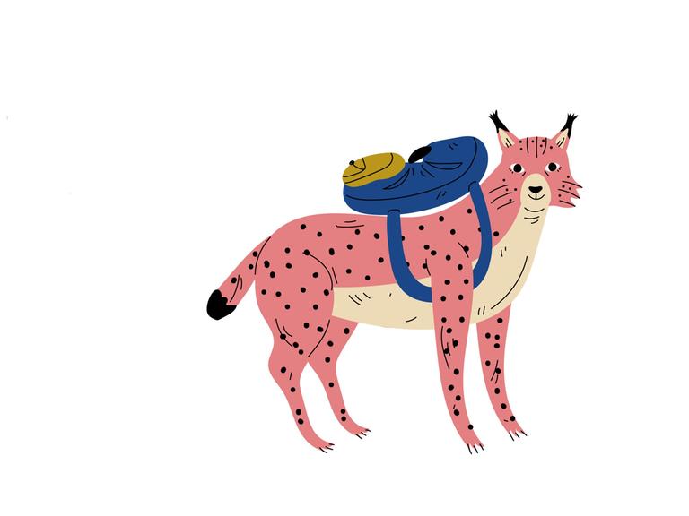 Illustration: Ein rosa Leopard mit einem Rucksack auf dem Rücken auf Wanderschaft.
