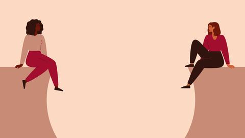Illustration: Zwei Frauen sitzen sich gegenüber, dazwischen ein Abgrund in Sprechblasenform.