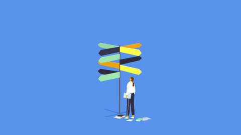 Illustration einer Frau die  auf viele Richtungsentscheidungen auf einem Wegweiser schaut. Der Hintergrund ist blau.