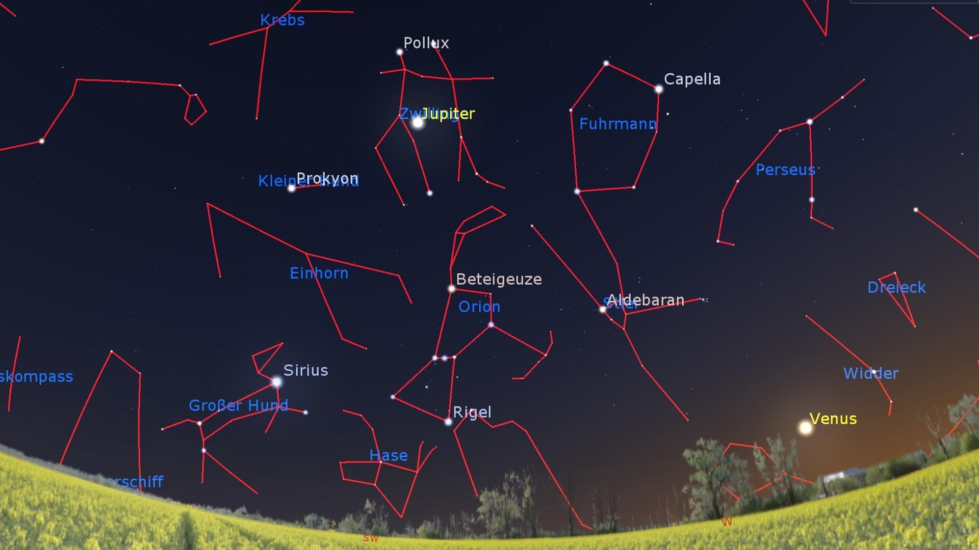 Auf dem Bild von einem Sternenhimmel sind die Namen der Wintersterne eingetragen 