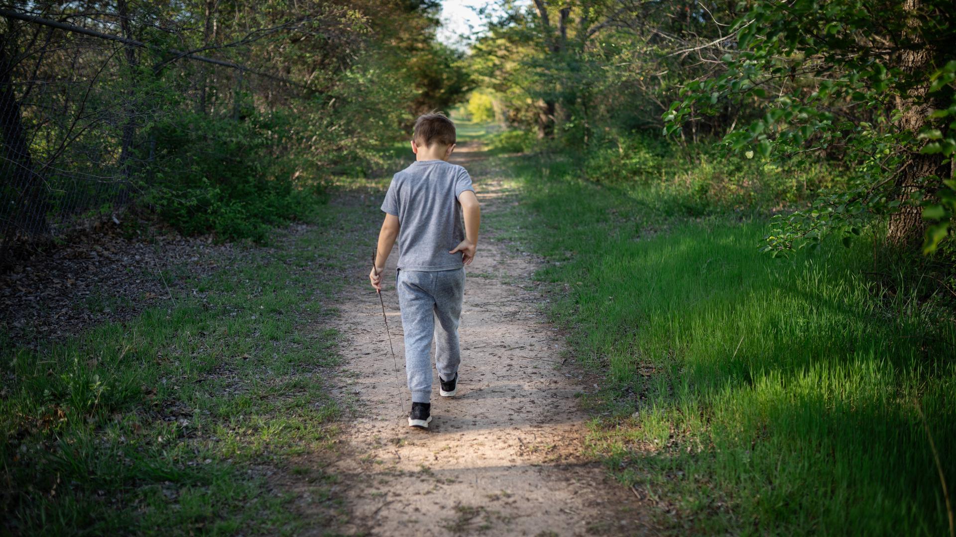 Ein etwa zehnjähriger Junge wandert alleine durch den Wald. Es ist nur sein Rücken zu sehen. Ein etwa zehnjähriger Junge wandert alleine durch den Wald. Es ist nur sein Rücken zu sehen.