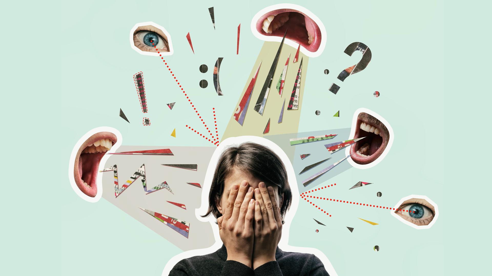 Illustrative Collage zeigt den Kopf einer Frau, die ihr Gesicht verdeckt, drumherum sind offener Münder, Augen sowie verschiedene Satzzeichen zu sehen. Illustrative Collage zeigt den Kopf einer Frau, die ihr Gesicht verdeckt, drumherum sind offener Münder, Augen sowie verschiedene Satzzeichen zu sehen.