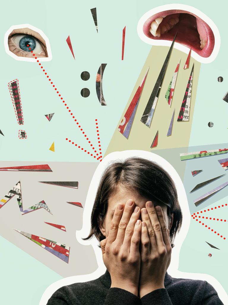 Illustrative Collage zeigt den Kopf einer Frau, die ihr Gesicht verdeckt, drumherum sind offener Münder, Augen sowie verschiedene Satzzeichen zu sehen. Illustrative Collage zeigt den Kopf einer Frau, die ihr Gesicht verdeckt, drumherum sind offener Münder, Augen sowie verschiedene Satzzeichen zu sehen.