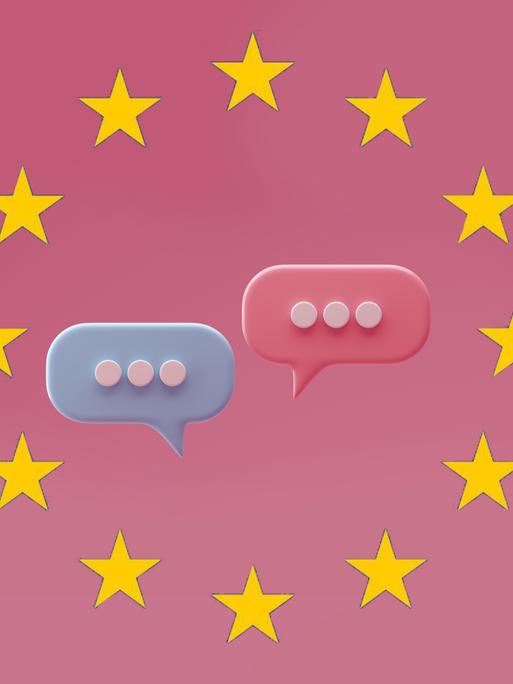 Grafik zweier Chat-Sprechblasen, die vom Sternenkranz der EU-Flagge umgeben sind. Grafik zweier Chat-Sprechblasen, die vom Sternenkranz der EU-Flagge umgeben sind.