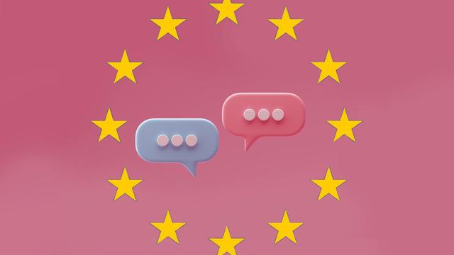 Grafik zweier Chat-Sprechblasen, die vom Sternenkranz der EU-Flagge umgeben sind.
