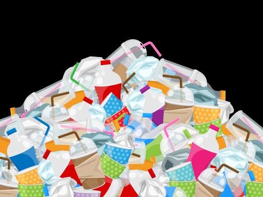 Illustration: Eine grosser Haufen Plastikmüll vor schwarzem Hintergrund. An der Spitze ein Plastikbecher mit Strohhalm.