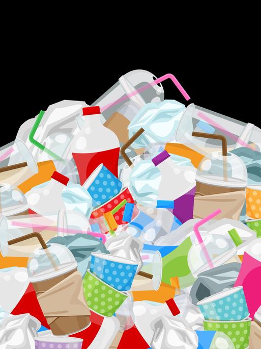 Illustration: Eine grosser Haufen Plastikmüll vor schwarzem Hintergrund. An der Spitze ein Plastikbecher mit Strohhalm.
