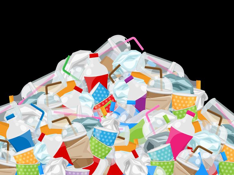 Illustration: Eine grosser Haufen Plastikmüll vor schwarzem Hintergrund. An der Spitze ein Plastikbecher mit Strohhalm.