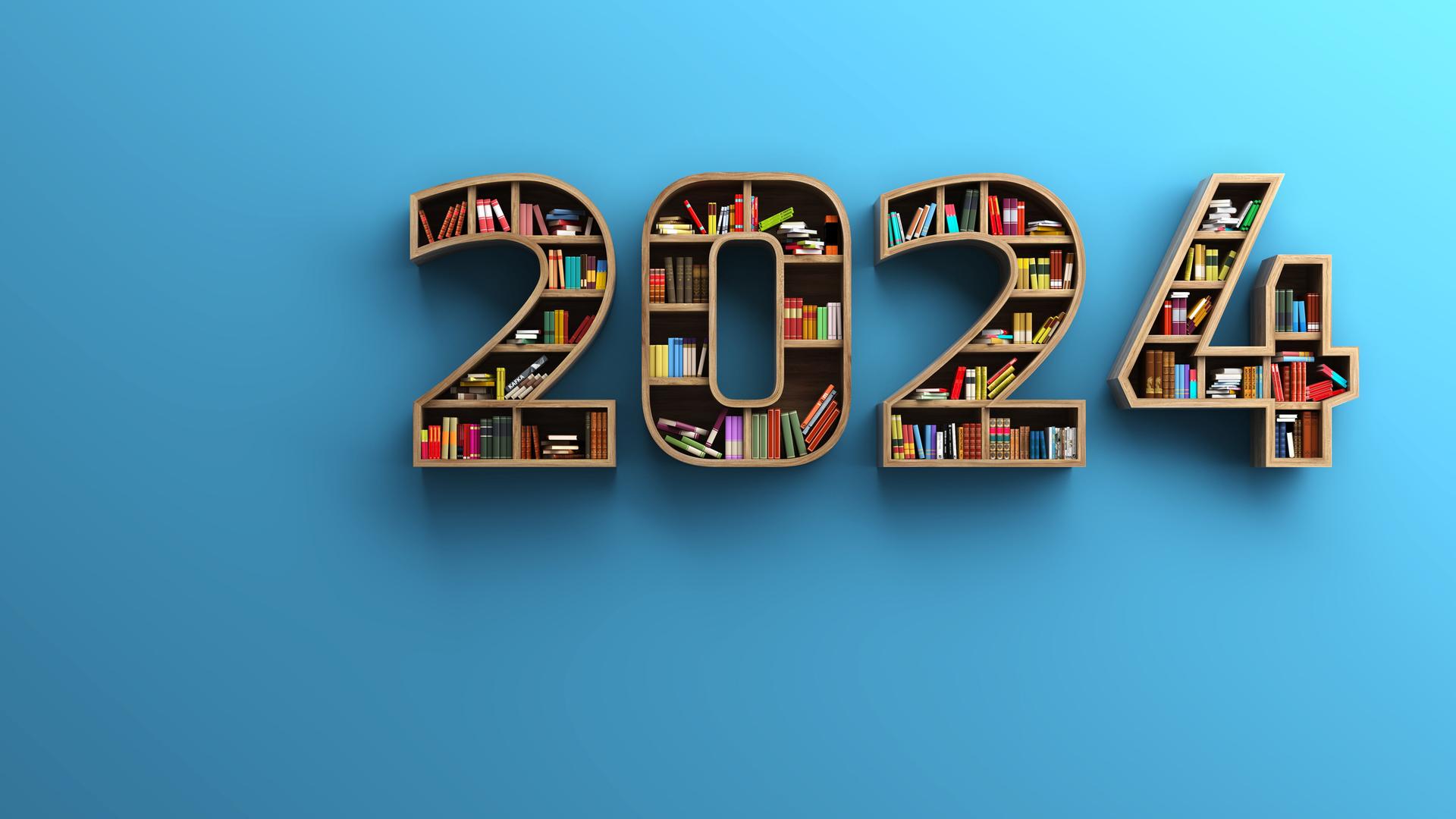 In einem Regal welches die Zahlen 2024 darstellt, stehen viele verschiedene Bücher