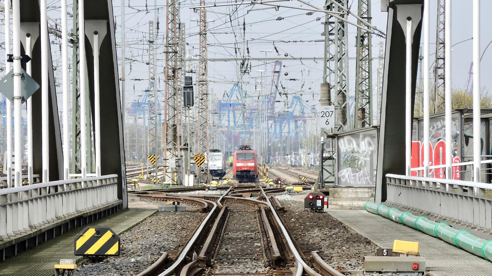 Blick von einer Eisenbahnbrücke auf das sich weit verzweigende Weichen- und Schienennetz im Hamburger Hafen, im Hintergrund Loks und ganz hinten die Containerbrücken