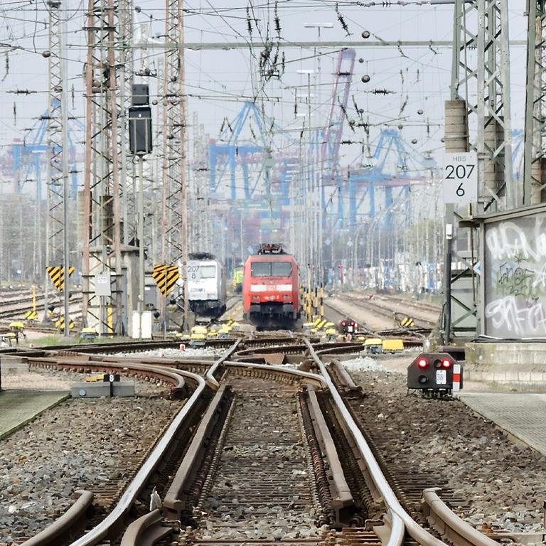 Blick von einer Eisenbahnbrücke auf das sich weit verzweigende Weichen- und Schienennetz im Hamburger Hafen, im Hintergrund Loks und ganz hinten die Containerbrücken 